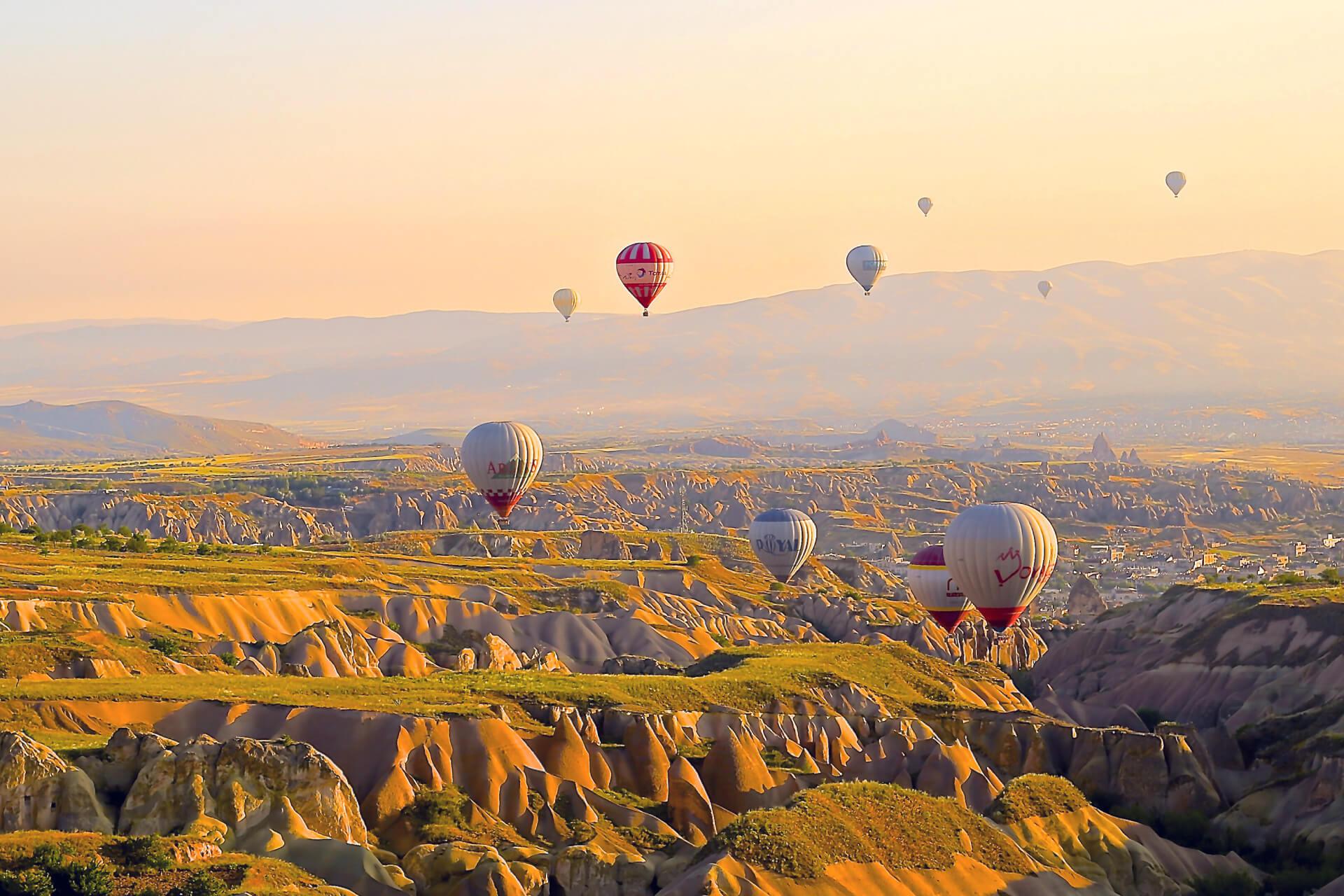 The valleys and rock formations of Cappadocia at dawn