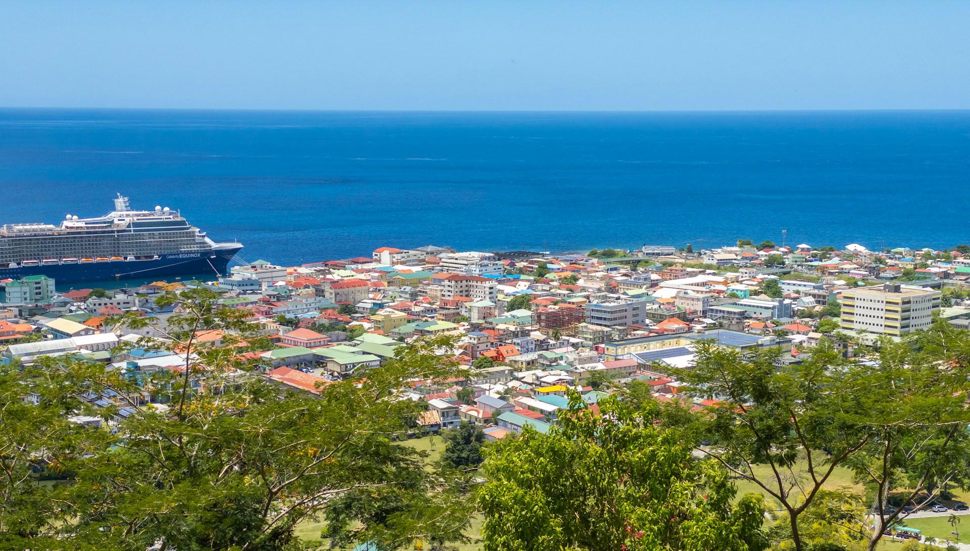 Panoramic view of Roseau and its harbour on the Caribbean coast of Dominica