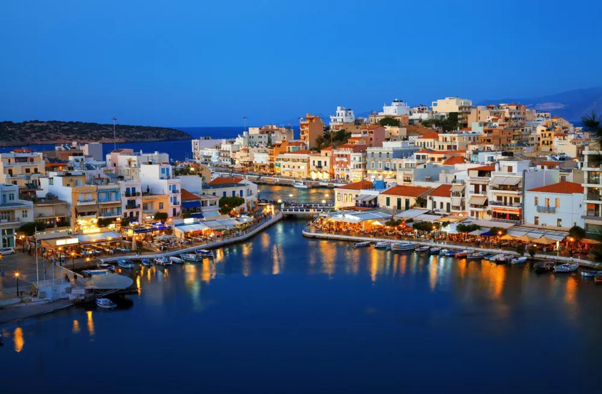 The harbour at Agios Nikolaos in Crete after sunset