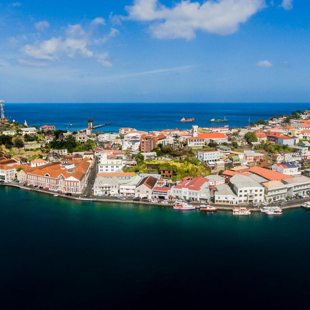 Colourful waterfront buildings overlooking St George’s harbour, Grenada