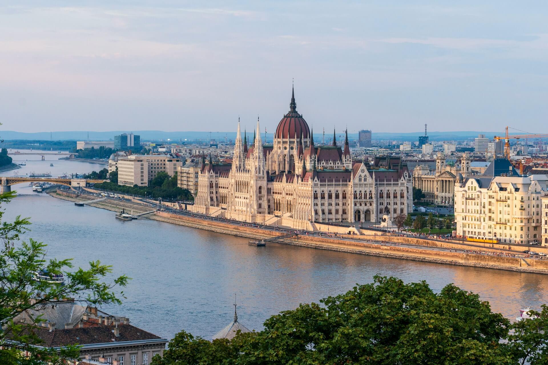 Buda Castle and the Matthias Church above the Danube at dusk