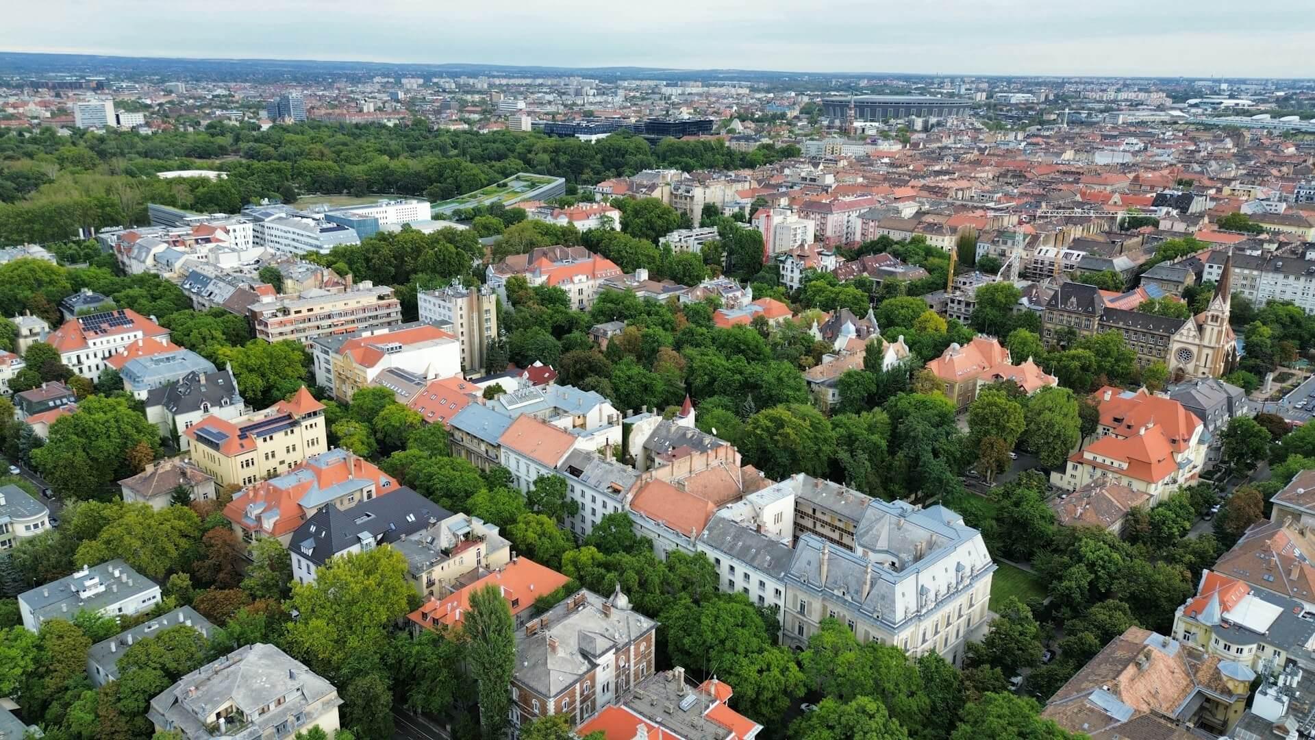 Aerial view of a leafy villa district with red roofs, Budapest, Hungary
