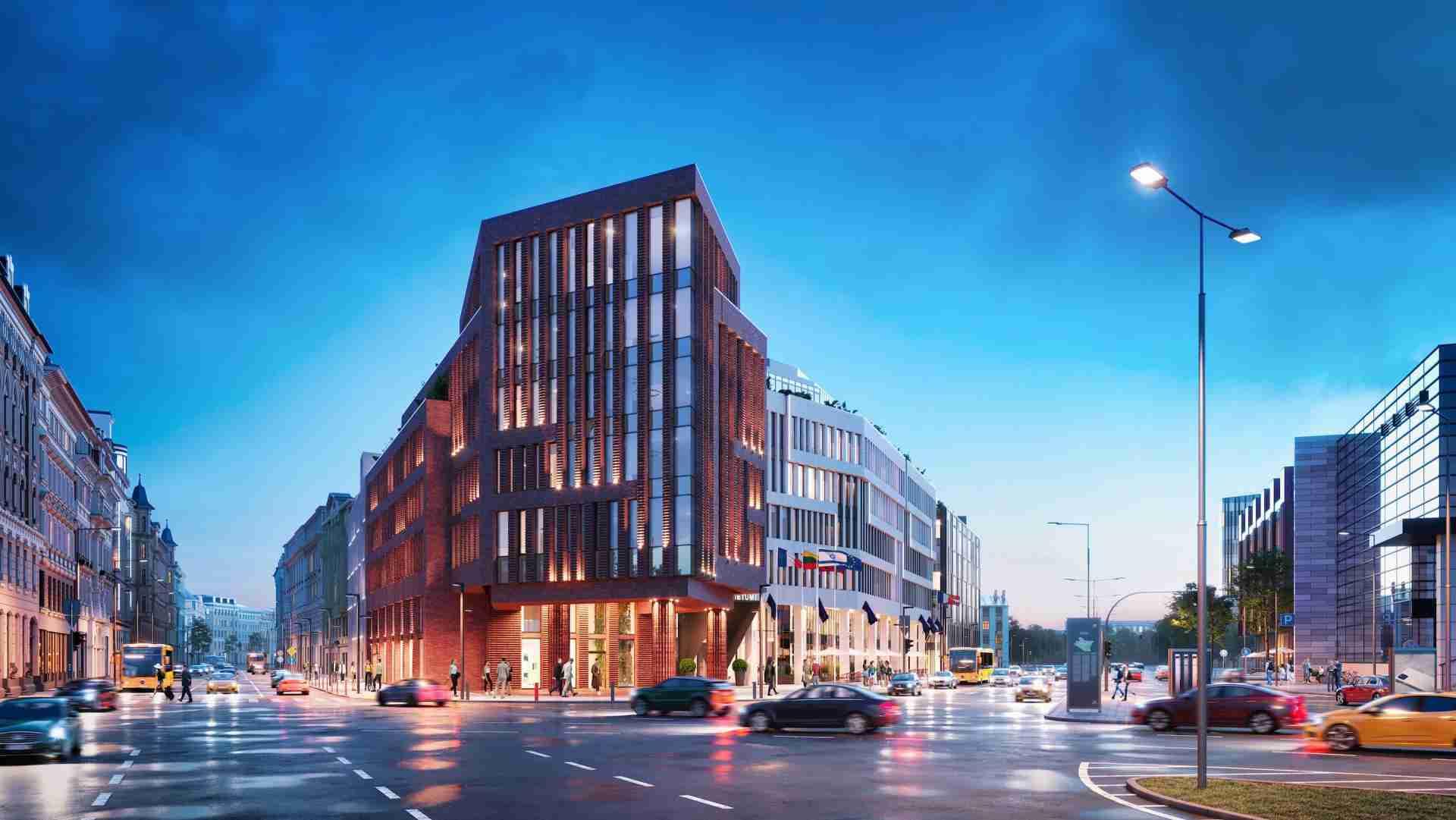 A modern office building on a Riga boulevard at dusk