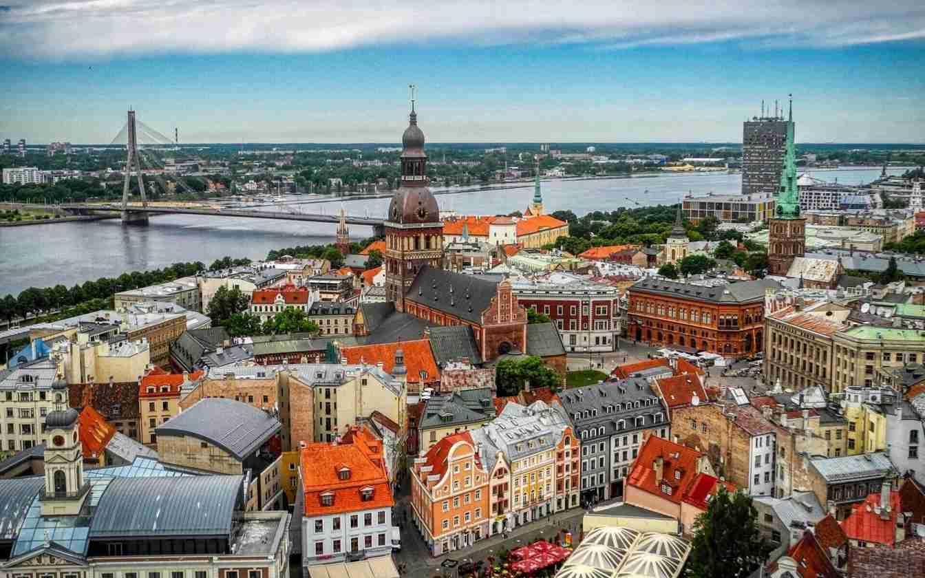 The rooftops of old Riga from above, with the Daugava beyond