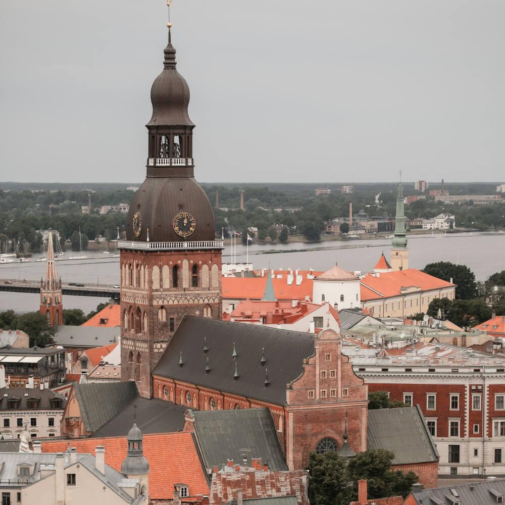 The spires and rooftops of old Riga above the Daugava