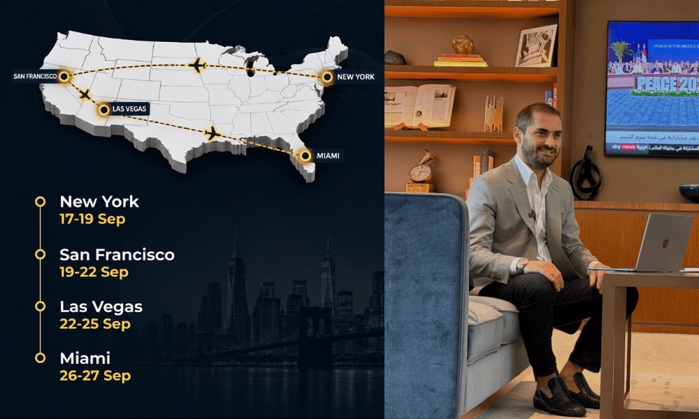 Map of the United States tracing the route from New York to San Francisco, Las Vegas and Miami, beside Murad Haji, Founder & CEO of Capitals28