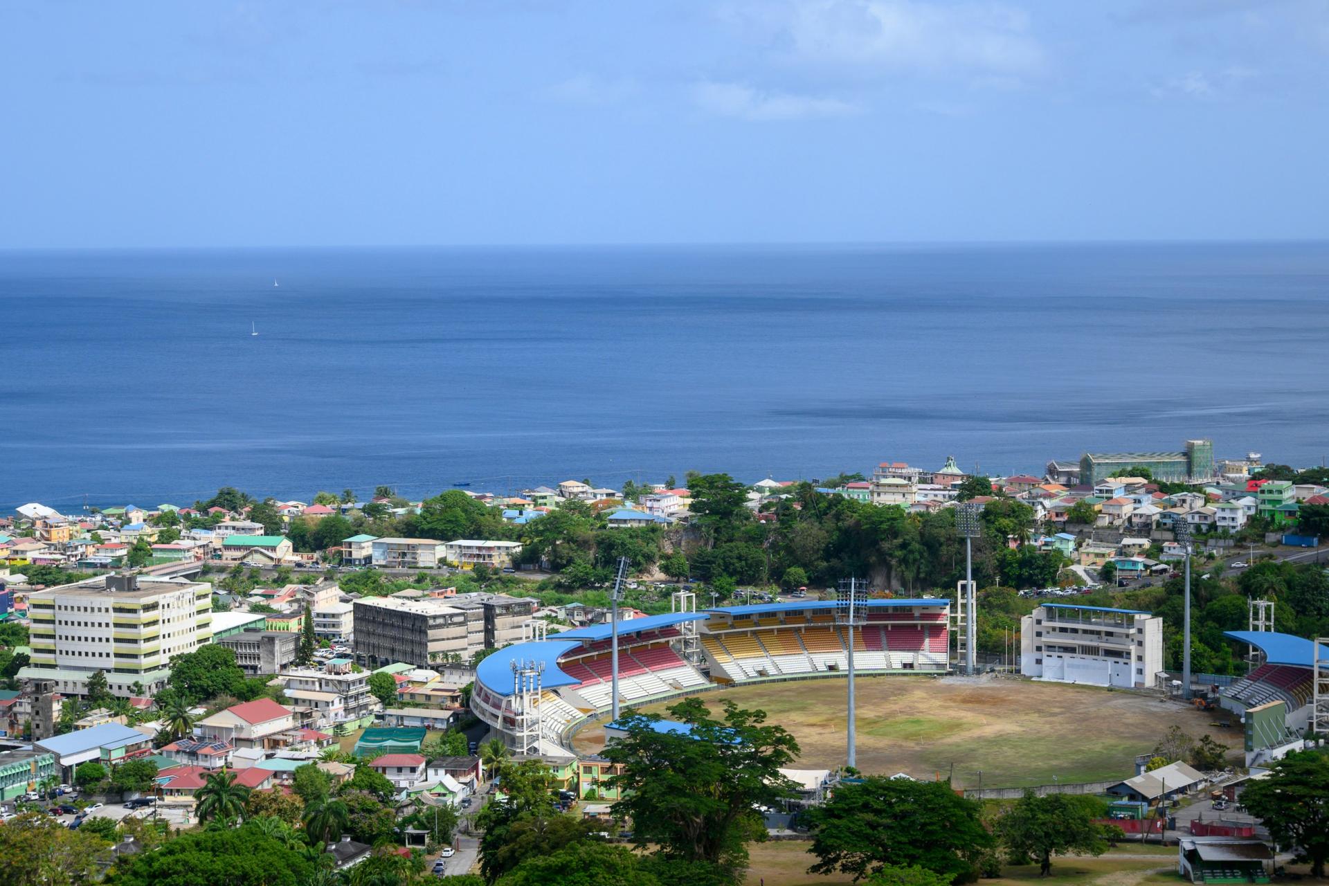 The coastal city of Roseau and Windsor Park stadium in Dominica