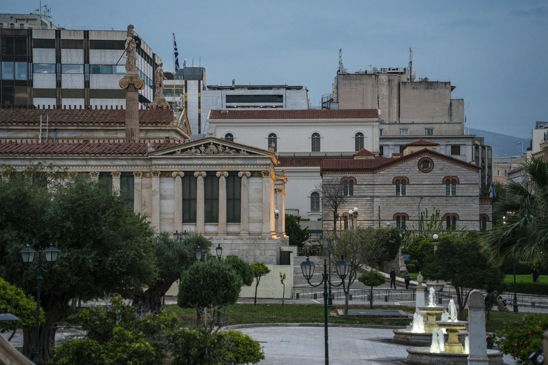 Neoclassical architecture and a landscaped courtyard in Athens, Greece