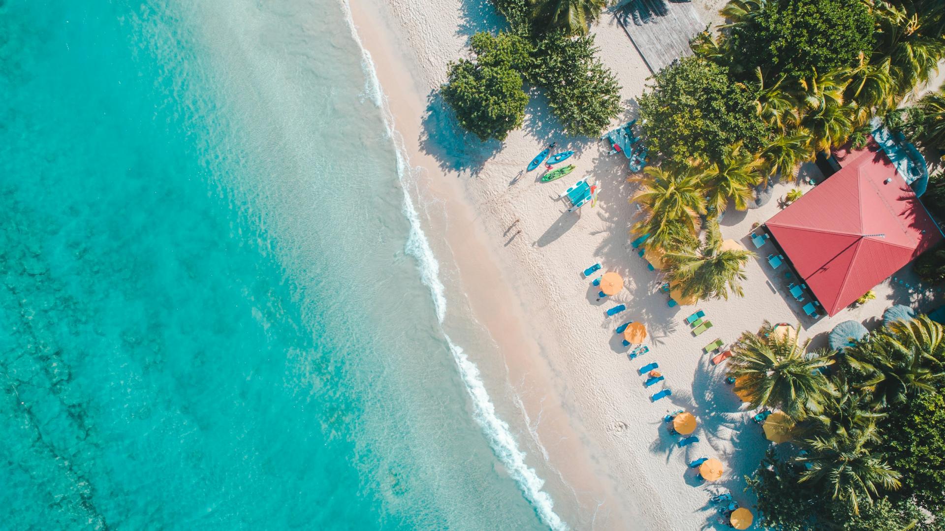 Aerial view of Grand Anse Beach and turquoise coastal water in Grenada