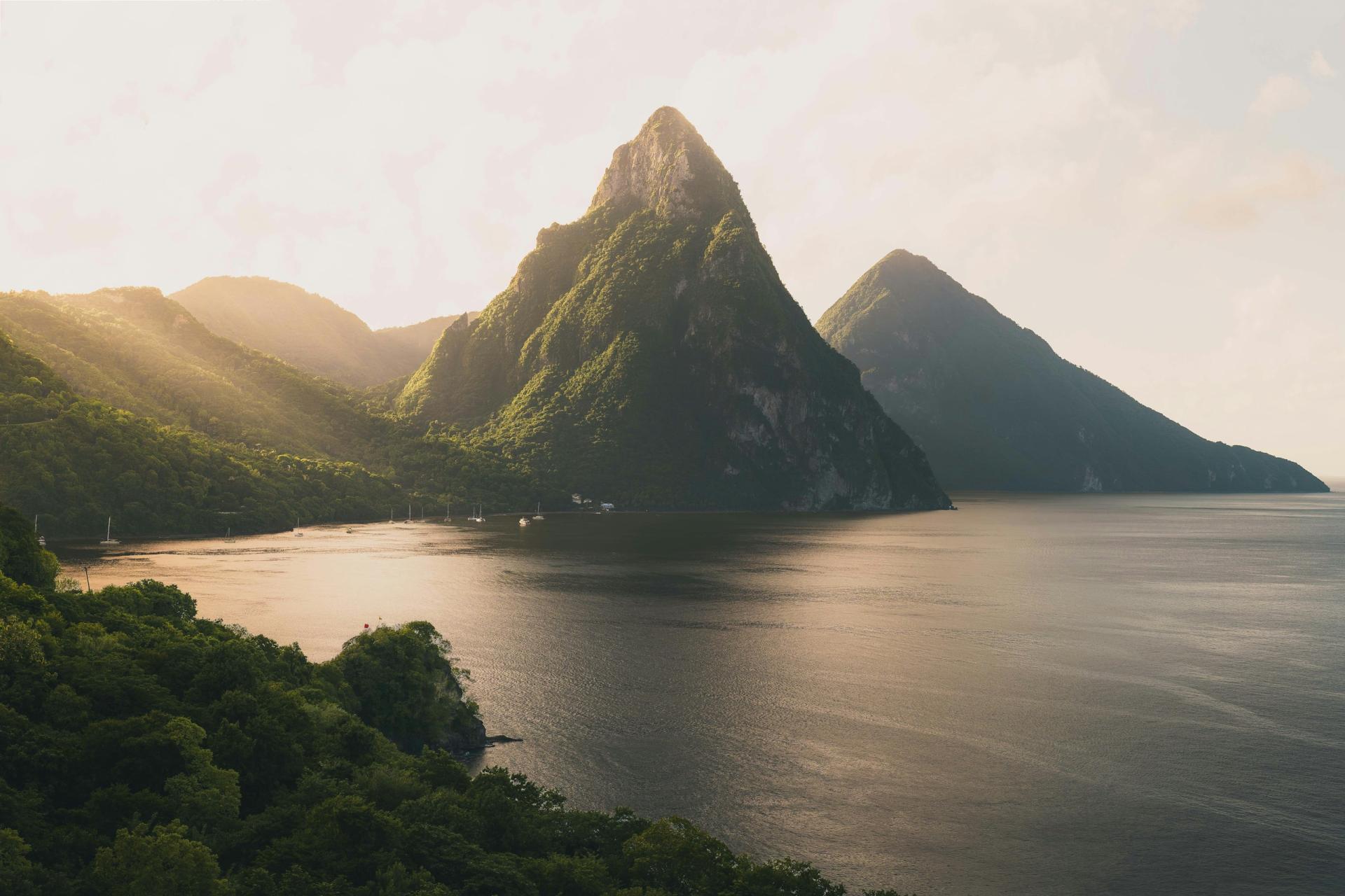 The Pitons above a coastal bay in Saint Lucia
