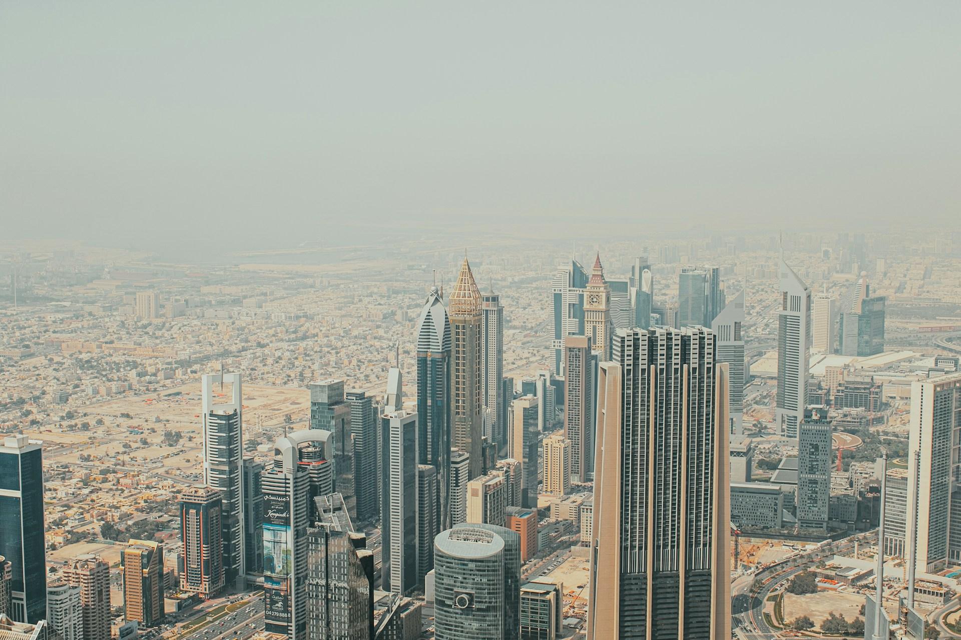 Dubai business district skyline and Sheikh Zayed Road viewed from above