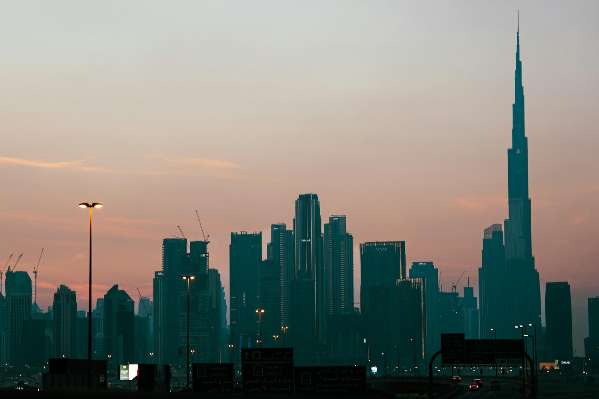 Burj Khalifa and the Dubai skyline at dusk in the United Arab Emirates