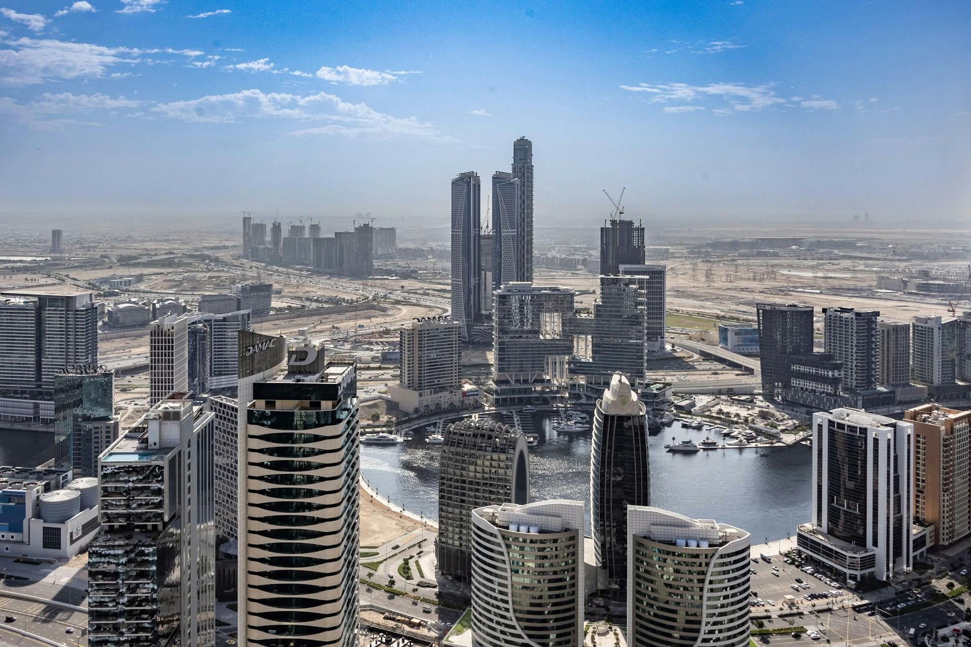 Aerial view of Business Bay towers and the Dubai Water Canal in the United Arab Emirates